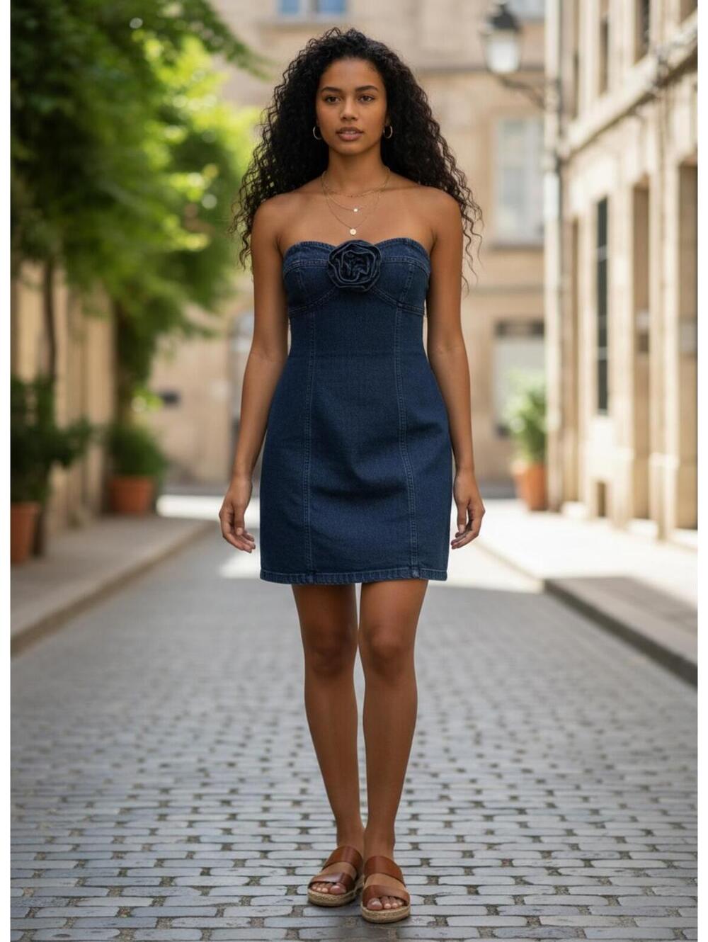 PORRIDGE Strapless Blue Denim Mini Dress with Front Ruffle Detail